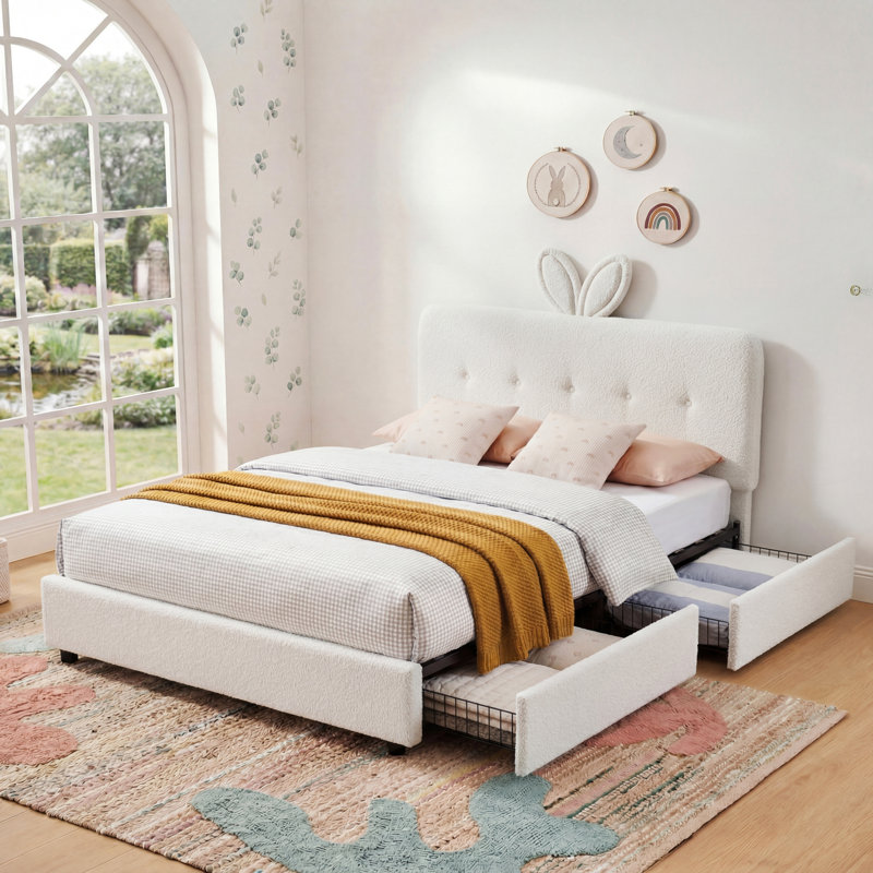 Lit plateforme tapissier avec tête de lit à oreilles de lapin, lumière DEL (18 couleurs), 4 tiroirs de rangement et tissu Boucle, cadre de lit moderne avec support à lattes, aucun sommier nécessaire