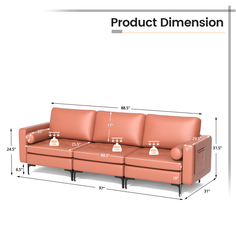 Upholstered 97'' Sofa, Red Leather