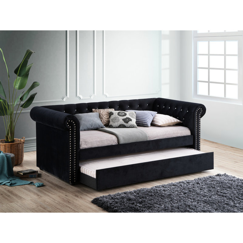 Lit de jour simple noir avec capitonnage à boutons Enchanting et lit supplémentaire escamotable Coussin intégré, Noir