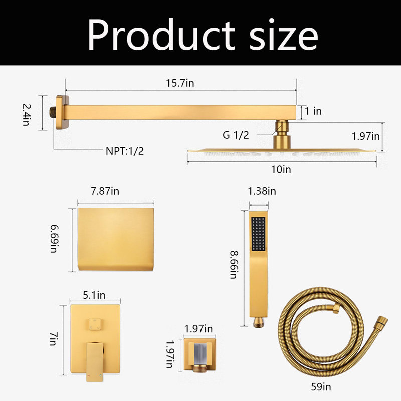 Wall Mounted Shower Faucet Set,10 Inch Rainfall Shower Head, Handheld Spray,Tub Spout, Brushed Gold