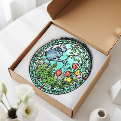 Garden Watering Stained Glass Window Panel，7.8H
