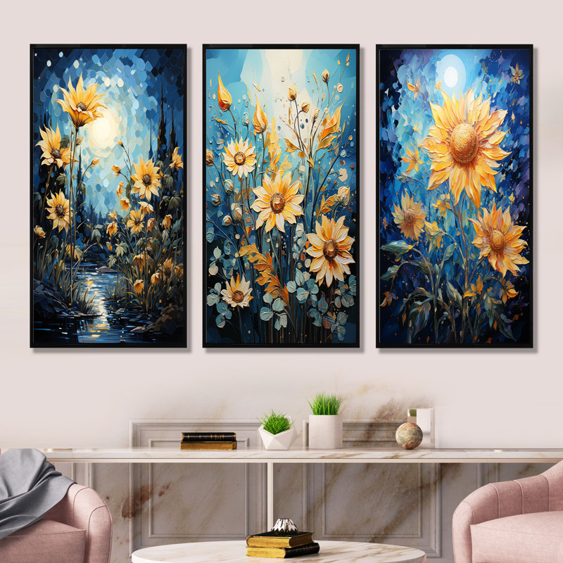 Expressionniste énergie tournesols - tournesols, ensemble de 3 reproductions d'art sur toile, Cadre flottant noir
