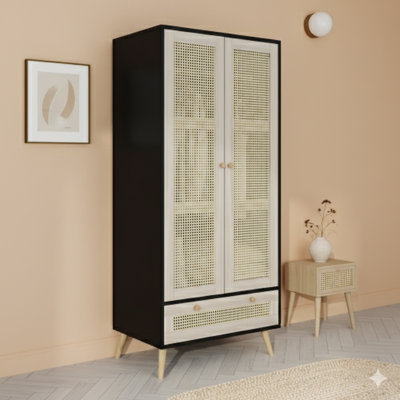 Armoire de rangement pour vêtements de 70,8 po de hauteur avec 2 panneaux en rotin tissé et 1 compartiment de rangement, unité de rangement pour vêtements d'inspiration bohémienne