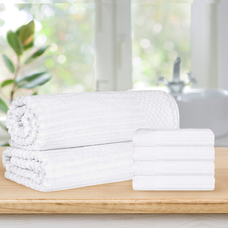 Keshayla Ribbed Cotton Absorbent Heavy 4pc Hand Towel and 2pc Bath Sheet Set, White