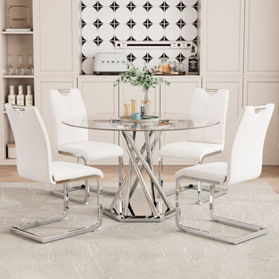 47.2'' Round Glass Dining Table Set For 4, Modern Clear Glass Kitchen Table Set with 4 Upholstered Chairs, for Dining & Kitchen and Small Space