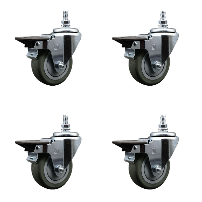 Ensemble de roulettes à tige filetée en polyuréthane de 3,5 po ½ po avec frein, Gris