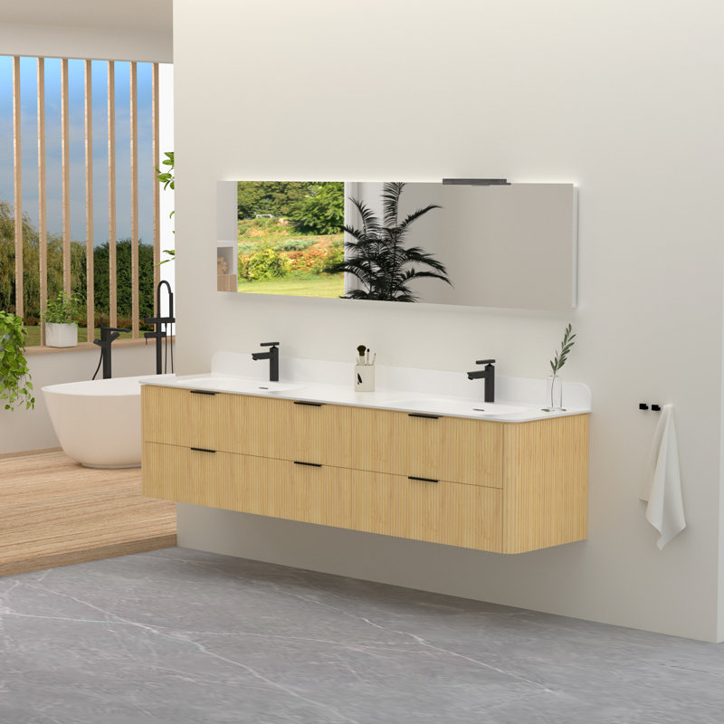 Meuble-lavabo mural 84 po en bois massif avec double vasque en acrylique et dosseret en acrylique, Chêne naturel, Noir mat