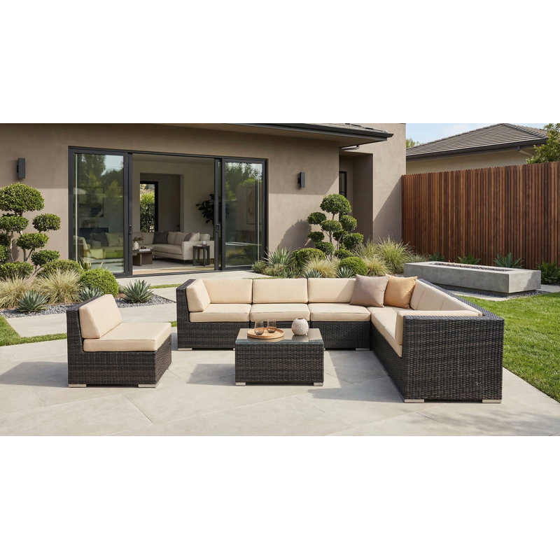 Ensemble de conversation en osier pour 7 personnes avec coussins Billyjo Wicker, Noir, Supercrylic beige