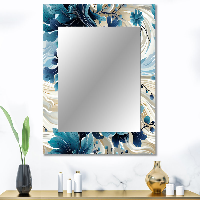 Adalberta Maritime Blues Nautical Flower Pattern - Cottage Decorative Mirror, Floral, Botanical Wall Mirror, Printed Metal Art
