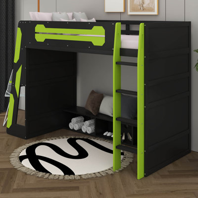 Lit mezzanine pour lit simple avec bureau et lumière à DEL RVB, cadre de lit de jeu avec tablettes de rangement, échelle et garde-corps pour les adolescents adultes