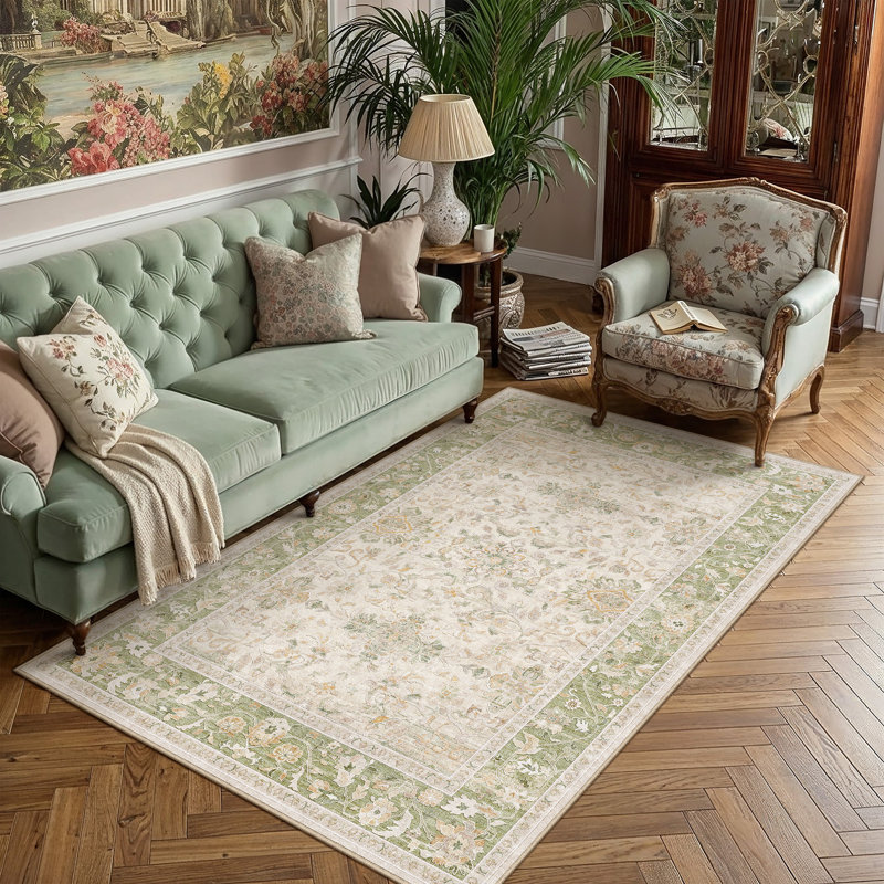 Tapis lavable avec fond antidérapant en cachemire Fonda Vintage, Vert, Rectangulaire 3 pi x 5 pi