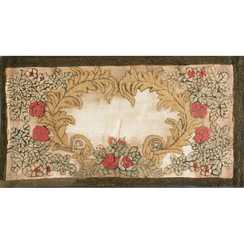 Antique Late 19th Century Solid Ivory Cream Color Field American Folk Art Floral Wreath Hooked Rug
