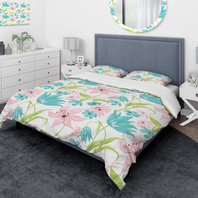 Ensemble de housse de couette designart fleurs drawing, Housse de couette très grand + 2 taies décoratives
