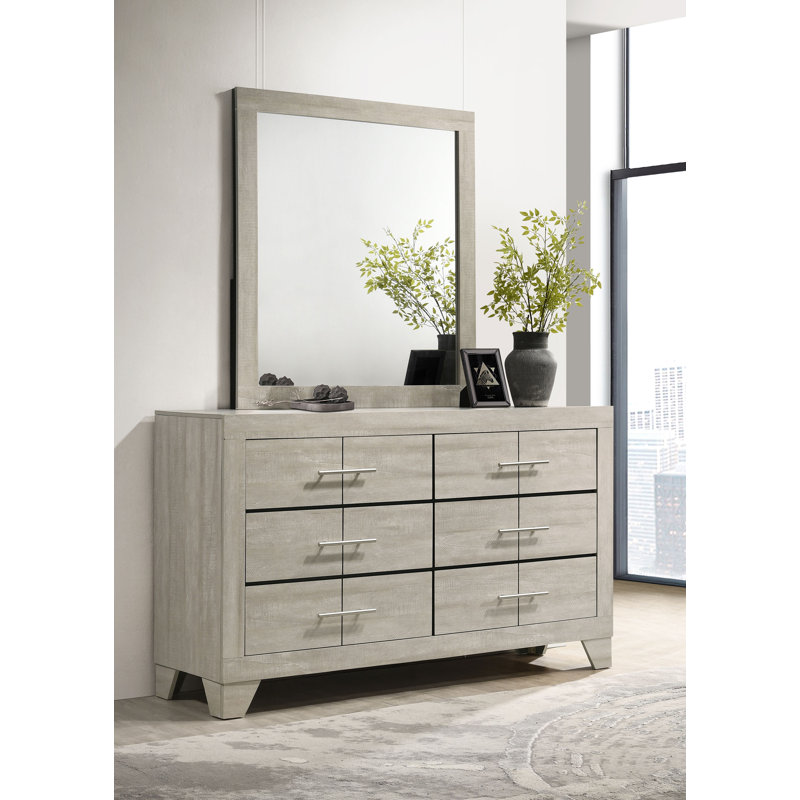 Commode de chambre à coucher à 6 tiroirs Trenton avec miroir rustique crème