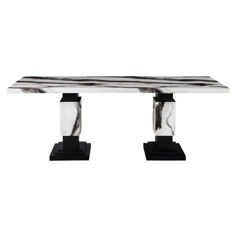 Modern Rectangular Faux Marble Dining Table , 4 Upholstered Chairs, Double Pedestal Base, Solid Back, Seats 6, Rubberwood Construction, White And Black Patterns In Marble, Structure, Designs