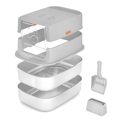 Xl Full Enclosed Stainless Steel Sifting Litter Box For Regular Clumping Litter