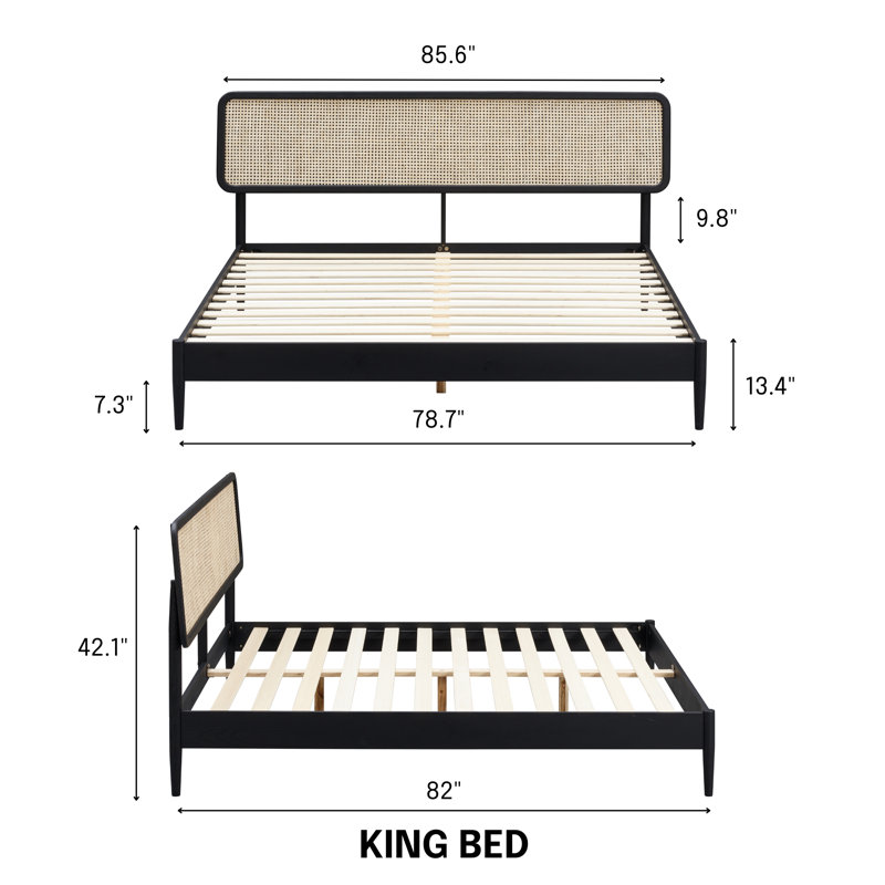 Structure de lit en bois NTC avec tête de lit et rotin naturel, base en chêne massif / bois d'hévéa avec lattes silencieuses, capacité de 1000 lb, assemblage sans effort