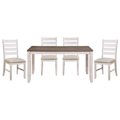 5 pièces repas pour l'occasion - Table rectangulaire en bois avec 4 chaises en tissu brun et blanc et brun