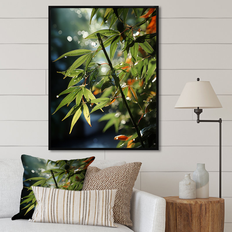 Photographie de bambou au coucher du soleil - Art mural sur toile de bambou_106579, Cadre flottant noir