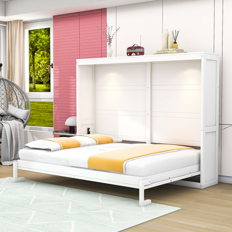 Queen Murphy Bed with LED Lighting and Space-Saving Design, White