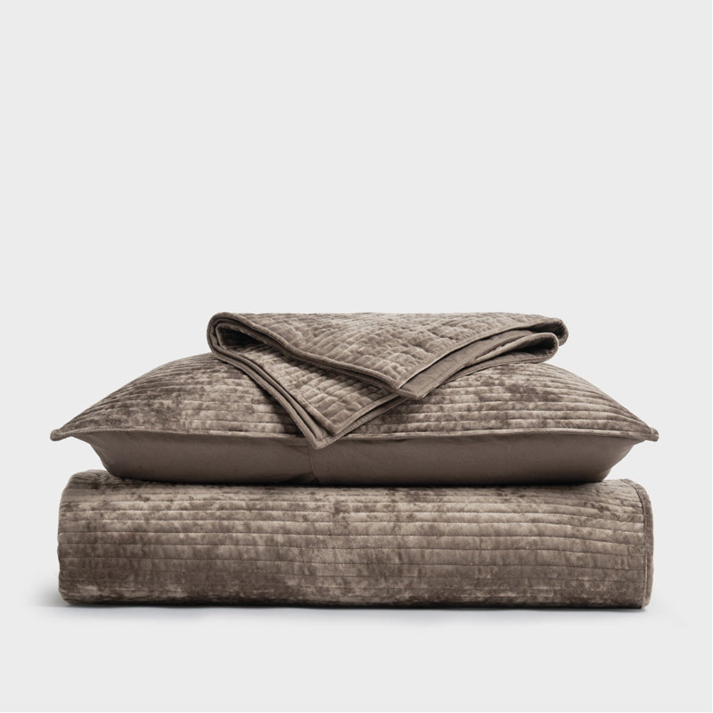 Striped Channel Velvet Quilt Set, Queen, Natural Tan