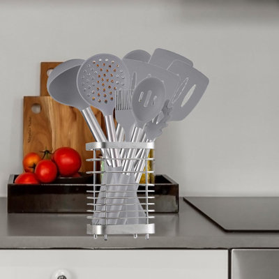 Kailey Stainless Steel Kitchen Utensil Organizer Rack - Countertop Cutlery Holder, Compact & Durable For Spoons, Spatulas, And More - Silver