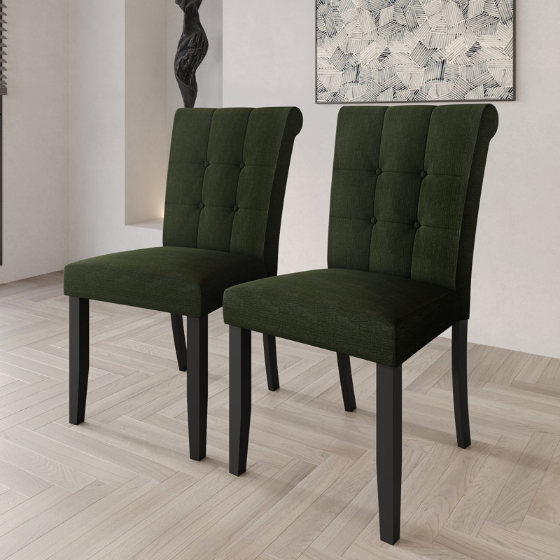 Black Wooden Dining Chair With Linen Cover, Green