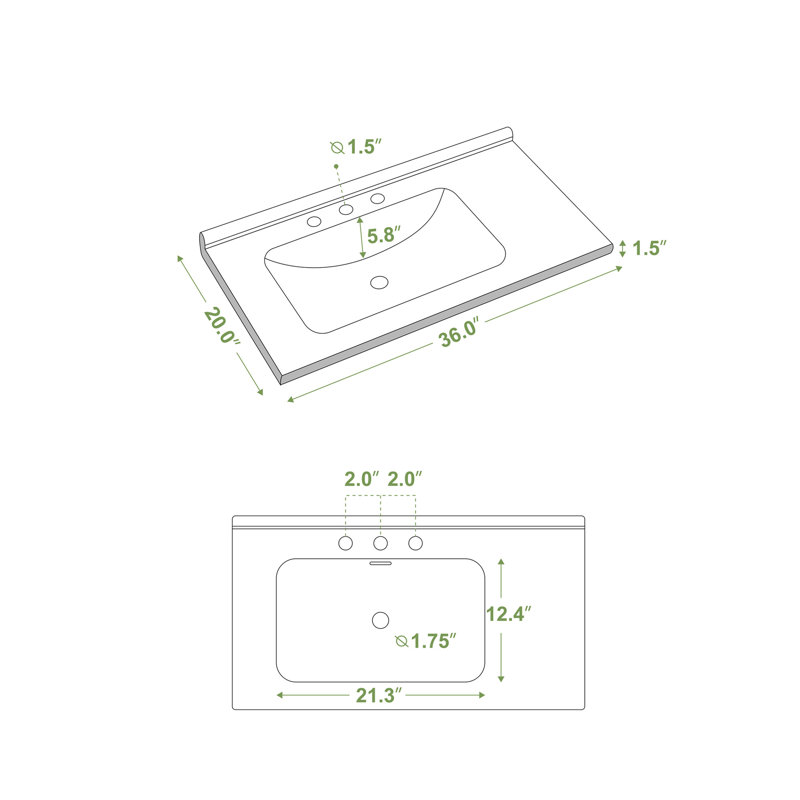 Lavabos rectangulaires pour lavabo de salle de bain de 36 pouces, lavabos de salle de bain rectangulaires modernes, lavabos de salle de bain en céramique de porcelaine. Blanc, l 36 po x P 20 po - Lavabo seulement!