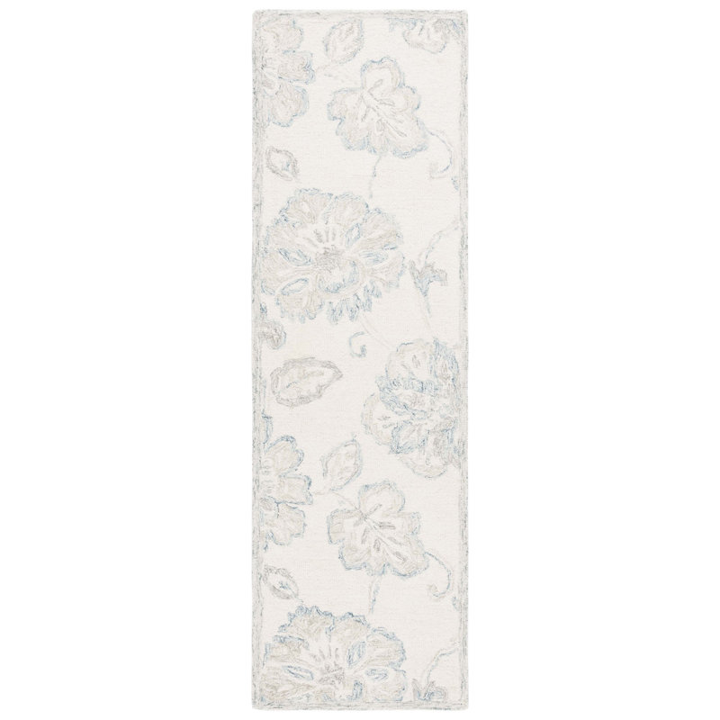 Rectangle Floral Handmade Tufted Wool/Cotton Area Rug in Ivory/Blue, Runner 2'3" x 8'