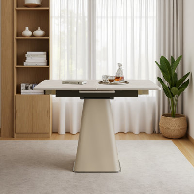 Retractable Rock Slab Folding Dining Table, Modern Square Expandable Table With Leather-Wrapped Stainless Steel Base, Dual-Purpose Space Saving Kitchen Table For Small Apartments