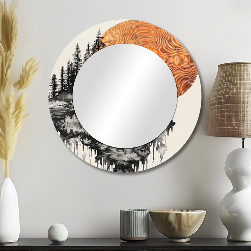Lever de soleil sur une forêt d'onyx foncé - décoration murale miroir animal hibou - imprimé sur métal, 23 po x 23 po