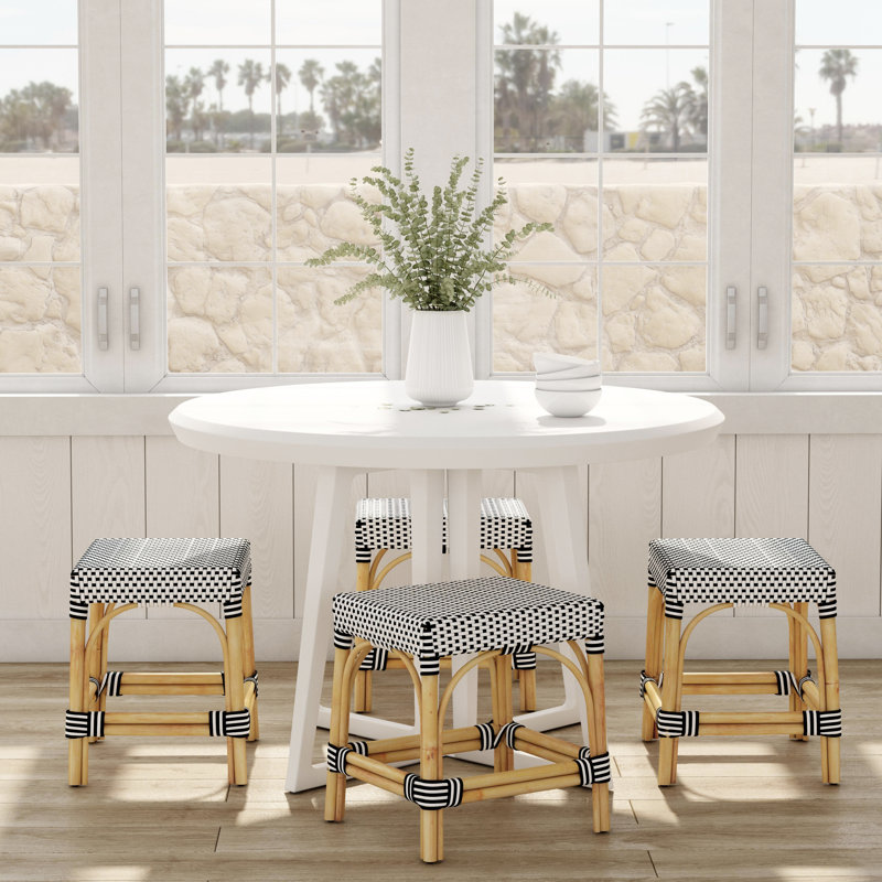 Tabouret de comptoir / de bar Lennart, Jaune / blanc à pois / cadre en rotin naturel