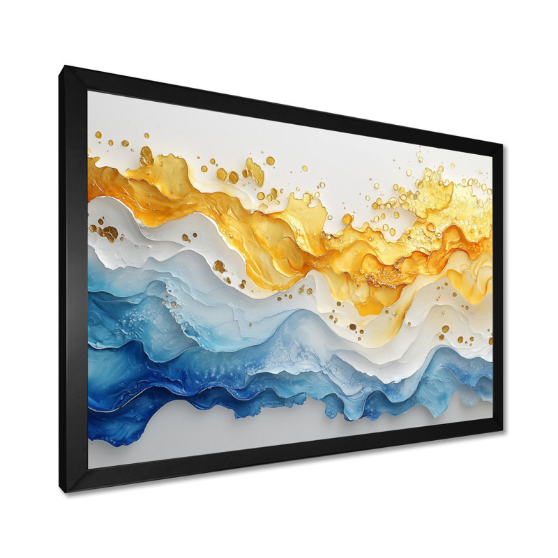 Luyster Blue Yellow Dream Lines II - vagues côtières, art mural, H 34 po x l 44 po, Cadre simple, Noir, noir, noir, noir