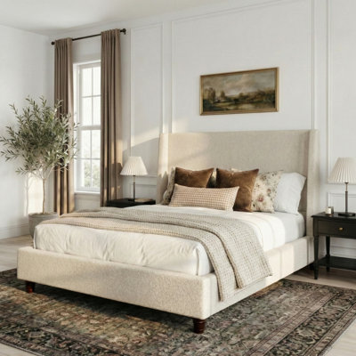 Aveline 52.7" Modern Transitional Boucle Upholstered Wingback Platform Bed With Tall Headboard And Solid Wood Retro Legs