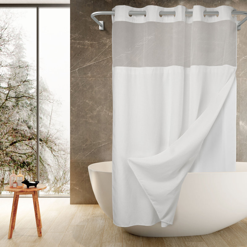 Ramjani Waffle Weave Shower Curtain With Snap in Liner, Sheer Window, White, 74"H x 71"W