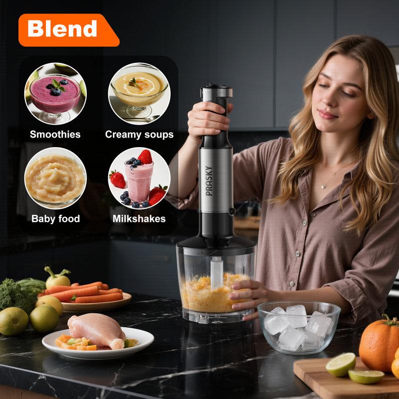 5-in-1  Hand Immersion Blender, 500W Handheld Stick Mixer with Attachments -  Whisk, 20oz Chopper, 17oz Beaker & Frother, 20 Mixing Speeds with Stainless Steel Blades