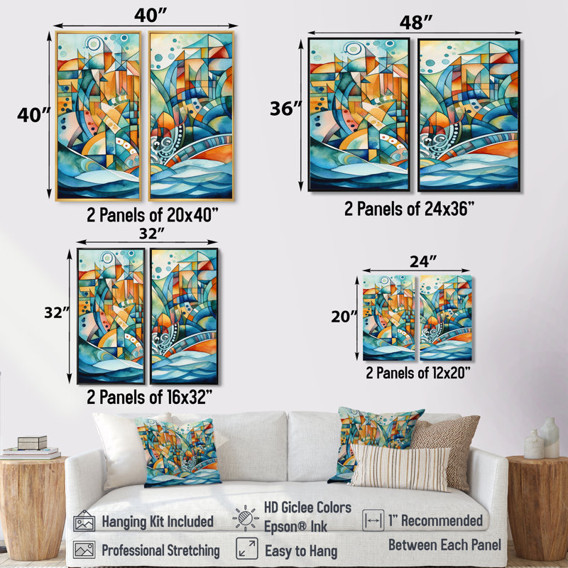 «Blue and orange», art mural moderne sur toile crème 2 pièces, H 40 po x l 40 po, Impression encadrée flottante, Doré
