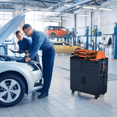 Armoire à outils mobile en métal - Rangement robuste pour garage avec portes verrouillables et 3 tiroirs, organisateur d'établi mobile pour garage, atelier, maison