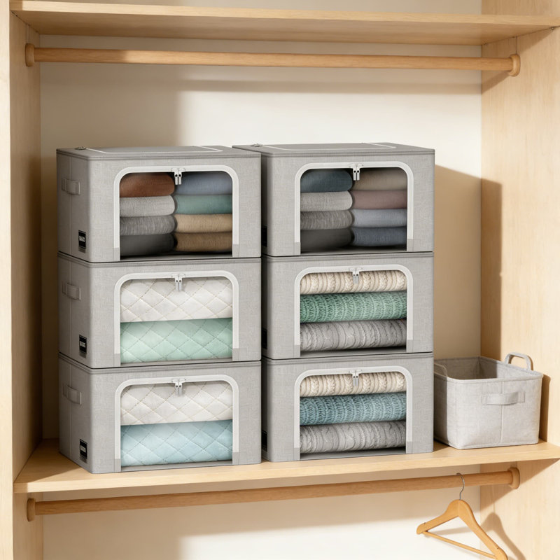 Bacs de rangement empilables avec structure en métal - Sacs de rangement de vêtements pliables avec fenêtre transparente - Contenants de rangement en tissu Oxford pour la literie, les vêtements et l'organisation à la maison