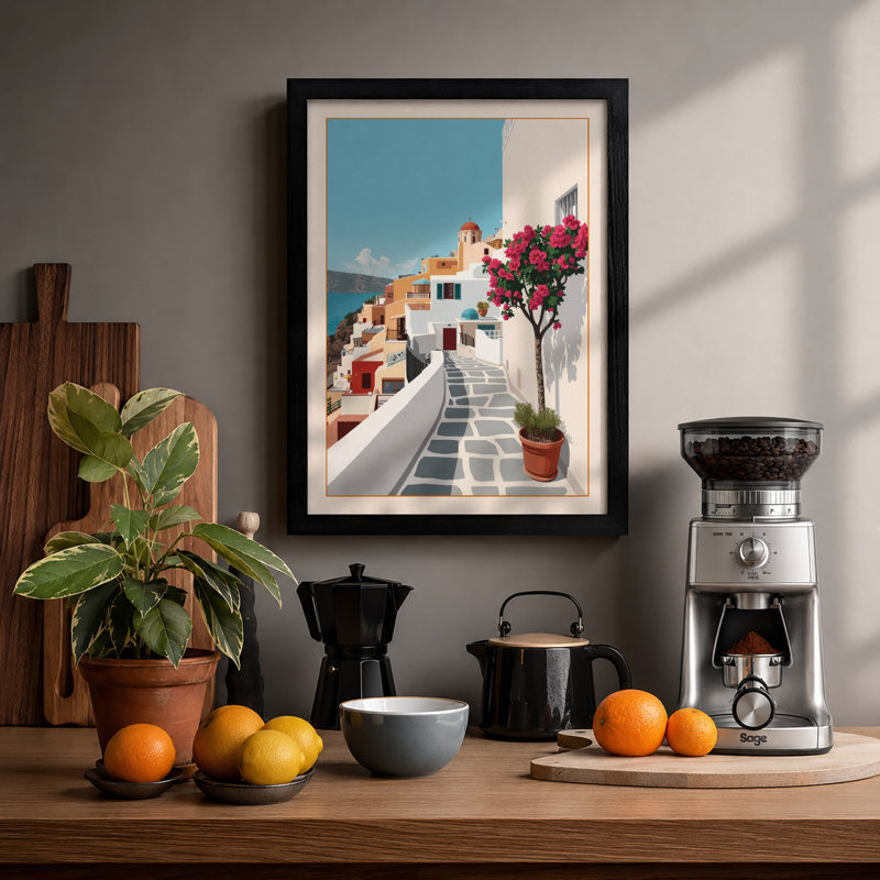 Mediterranean Seaside Village Coastal - Framed Print, Black, A4 - 29.7 x 21.0 cm