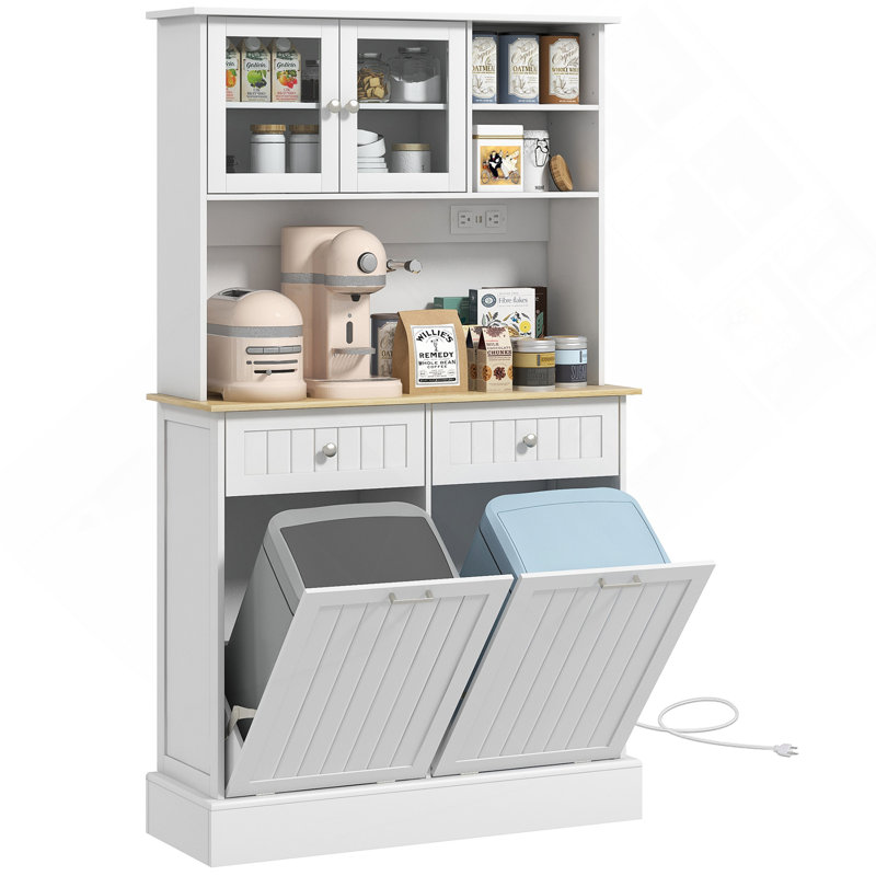 Rangement de garde-manger de 68 po avec station de charge Cabinet Arm, 2 armoires à ordures inclinables et support pour micro-ondes, huche de cuisine autoportante avec portes en verre et tablette réglable, blanc