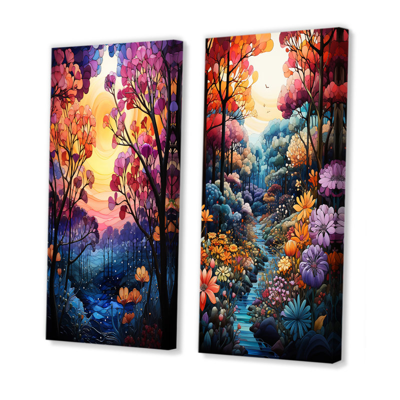 Mauve et rose, auvent forêt - ensemble de 2 reproductions d'art mural forêt, H 28 po x l 25 po, Toile tendue