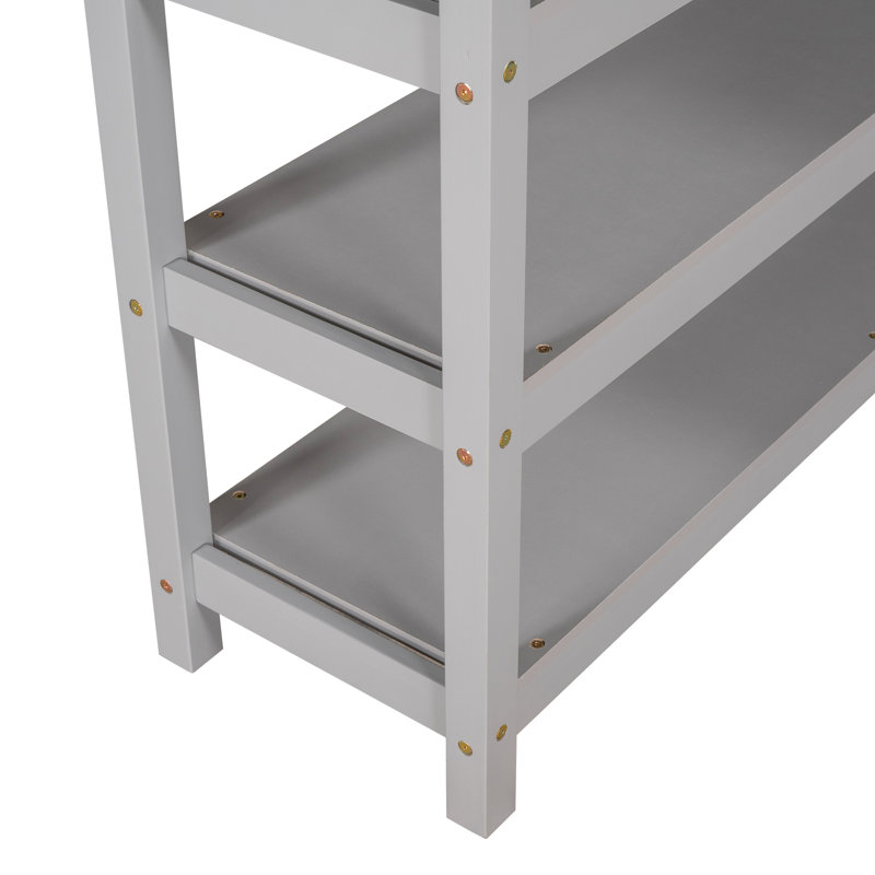 Lit mezzanine avec tablettes de rangement et bureau sous le lit, poste de travail compact en bois massif, Gris, Lit double