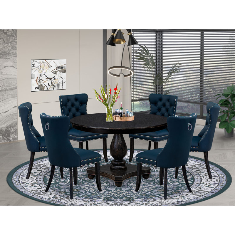 7 Piece Dining Table Set Consists of a 48" Round Table with Pedestal and 6 Navy Blue Polyester Fabric Padded Chairs, Sand Blasted Black