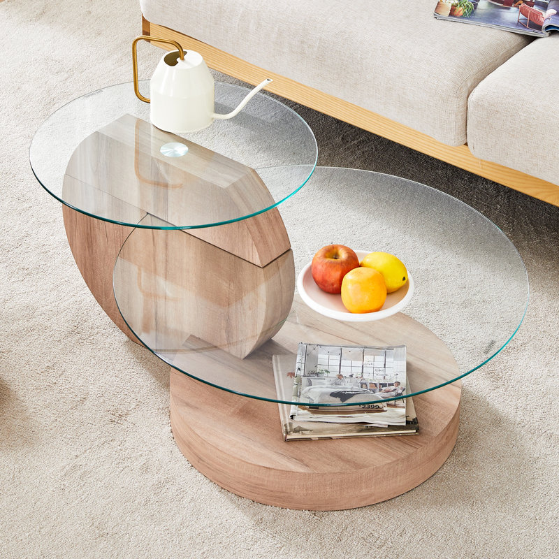 Varese Glass top double tier round coffee table, Clear, 17" H x 35.4" W x 27.5" D, Light Wood