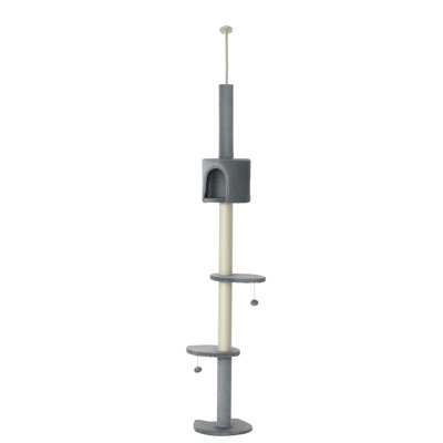 100" Cat Tree Height Adjustable Floor-to-Ceiling 4-Tier Kitty Climbing Activity Center Condo Cat Toy with Scratching Post Hanging Balls Play Rest Post Pet Furniture Grey