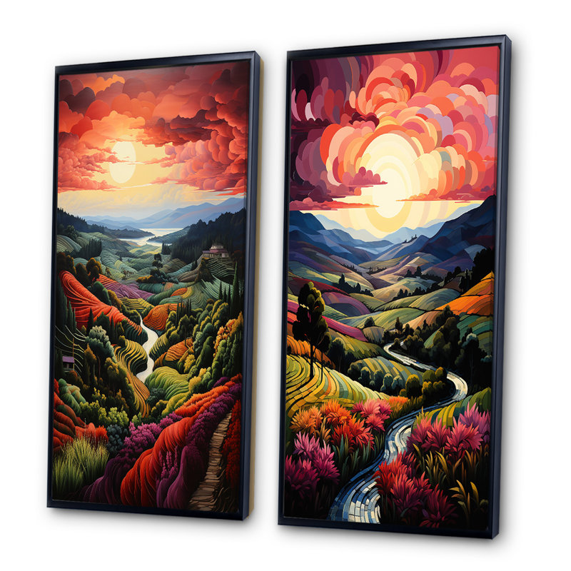 Ensemble de 2 décorations murales vert campagne et mauve, Cadre noir, H 32 po x l 32 po