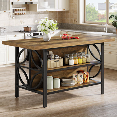 Kitchen Island with Storage, 62.99-Inch Kitchen Island Table with 2 Shelves and Large Worktop, Industrial Bar Table, Easy to Assemble, Rustic Brown (S