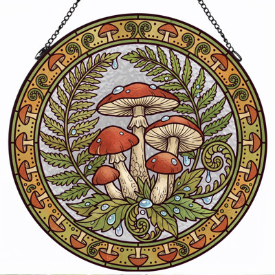 Mushroom Fern Stained Glass Window Panel，12"H