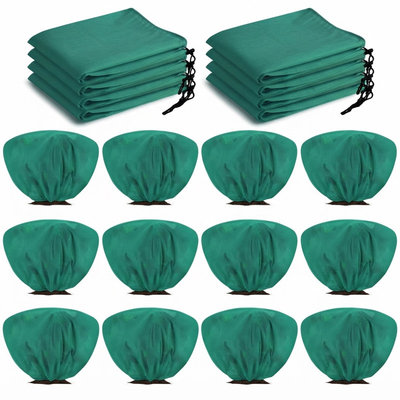 12‑Pack Drawstring Plant Fleece Frost Protection Jackets, 39.4" x 23.6" Green Reusable Outdoor Plant Covers, Winter Garden Plant Protection Against Frost, Cold and Insect Damage